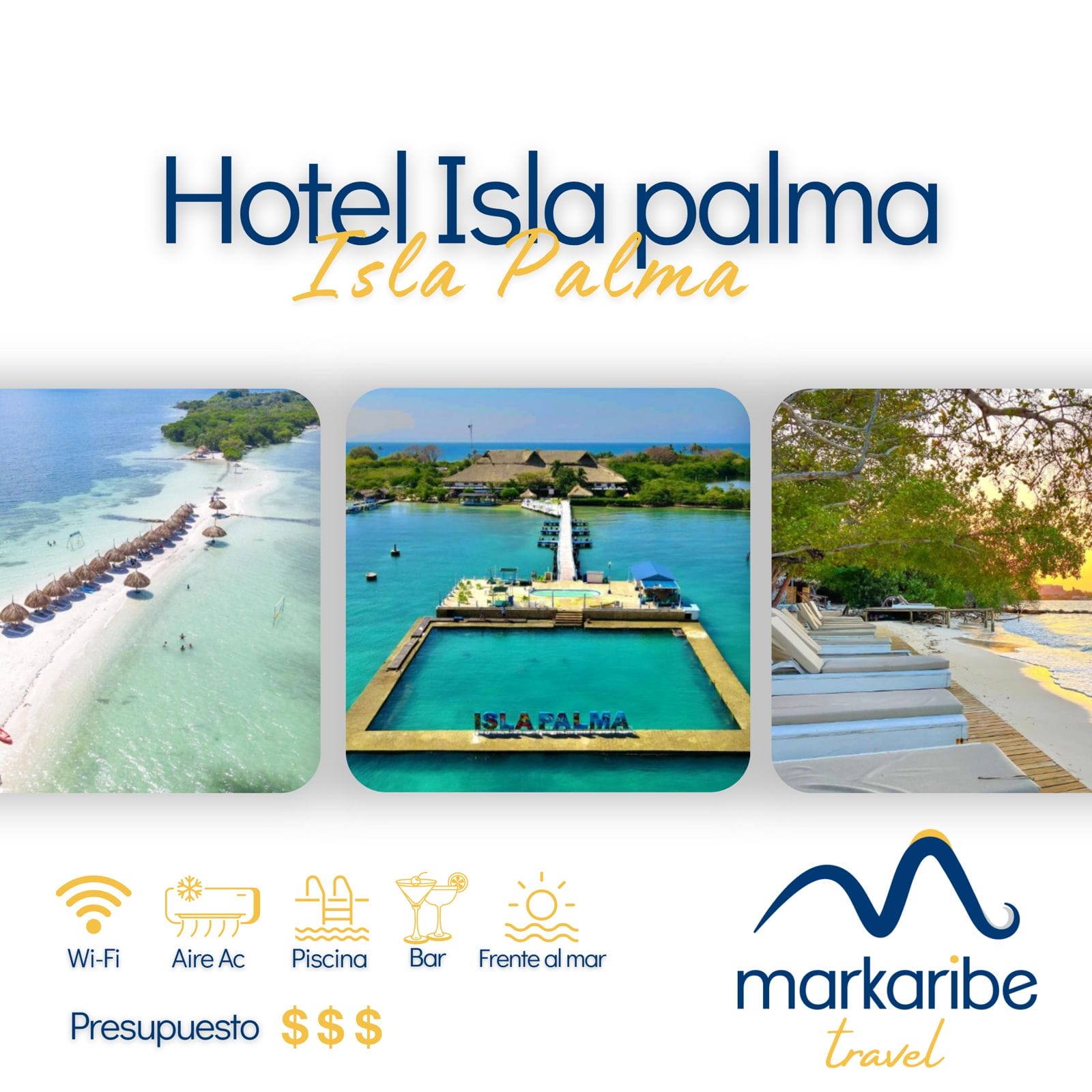 MARKARIBE TRAVEL | Isla palma 3 días –  Plan base Desde Tolú ¡Descubre la escapada definitiva en el Hotel Isla Palma, Cartagena! Disfrute de servicios de playa, Wi-Fi, aire acondicionado, una piscina y un bar, todo con un impresionante acceso frente a la playa. Calificación de presupuesto: $$$. Reserve hoy su estancia en esta idílica porción terrestre. Logotipo de Markaribe Travel en la parte inferior.