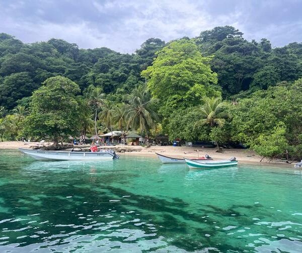 Pequeñas embarcaciones están ancladas cerca de una playa tropical con aguas cristalinas de color turquesa en la Alta Guajira, respaldadas por exuberantes árboles verdes y vegetación bajo un cielo nublado.