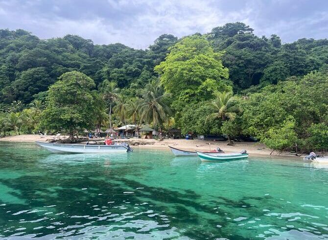 Pequeñas embarcaciones están ancladas cerca de una playa tropical con aguas cristalinas de color turquesa en la Alta Guajira, respaldadas por exuberantes árboles verdes y vegetación bajo un cielo nublado.