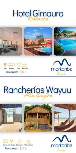 Folleto promocional para Markaribe Travel mostrando dos alojamientos: Hotel Gimaura en Riohacha y Rancherías Wayuu en la Alta Guajira. Disfrute de comodidades como WiFi, aire acondicionado y vistas panorámicas. ¡Perfecto para una escapada de 5 días!