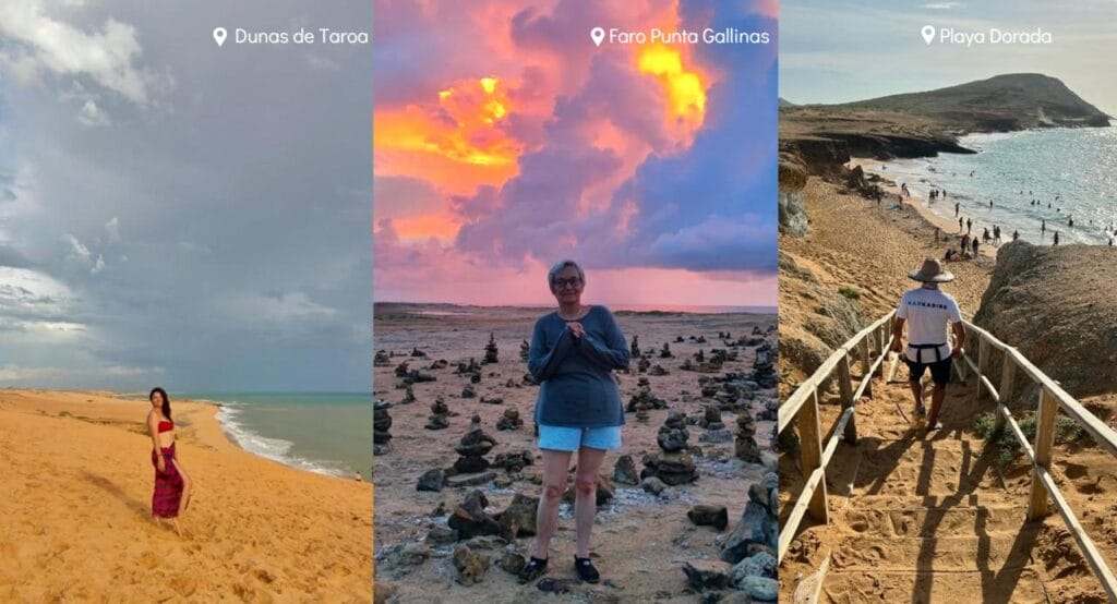 Se representan tres lugares de la Alta Guajira de Colombia: una mujer parada en las arenas de Dunas de Taroa, otra persona frente a una puesta de sol en el Faro Punta Gallinas y la gente caminando hacia Playa Dorada.