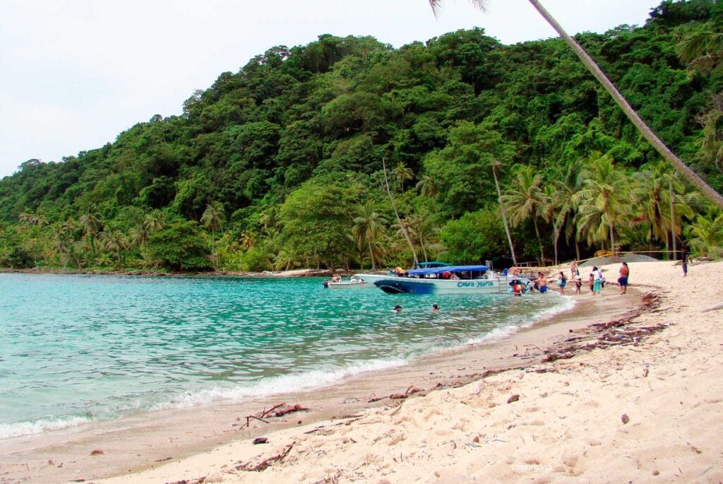 La gente disfruta de una playa tropical en Necoclí con aguas cristalinas, exuberante vegetación y barcos anclados cerca de la orilla.