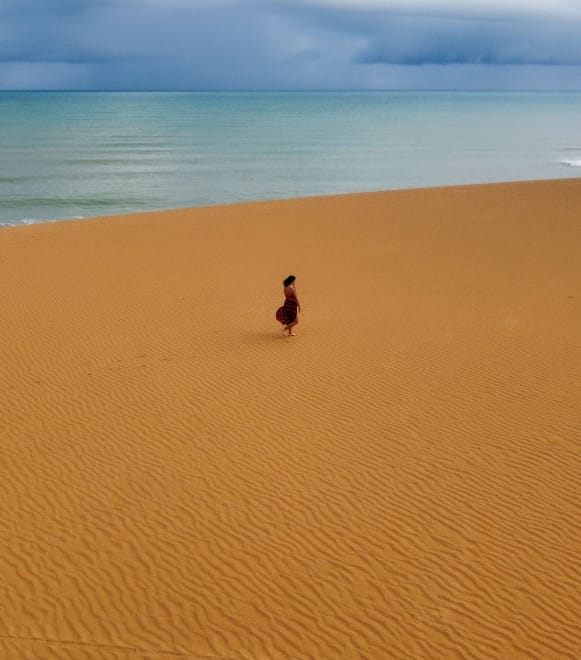 Una persona camina sola en una extensa playa de arena con el océano y el cielo nublado de fondo.