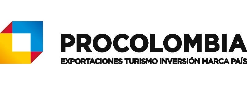 Logotipo de ProColombia que presenta un cuadrado estilizado compuesto por secciones azules, amarillas y rojas a la izquierda, con el texto "PROCOLOMBIA EXPORTACIONES TURISMO INVERSIÓN MARCA PAÍS" exhibido con orgullo a la derecha. Este diseño marca el inicio de la colaboración de Markaribe.