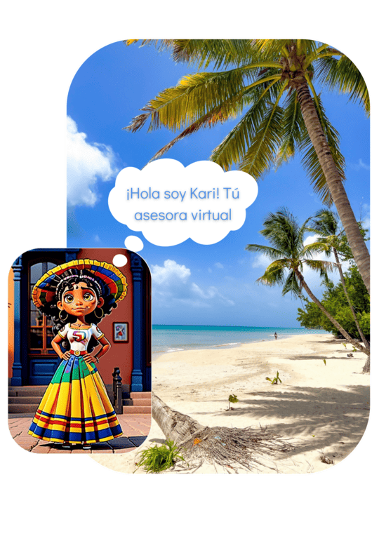 El personaje animado Kari, vestido con un traje tradicional, dice "¡Hola soy Kari! Tú asesora virtual", superpuesto a una imagen de una playa tropical con palmeras, arena blanca y agua azul clara. Markaribe te invita a explorar la escapada de tus sueños desde el mismo inicio.